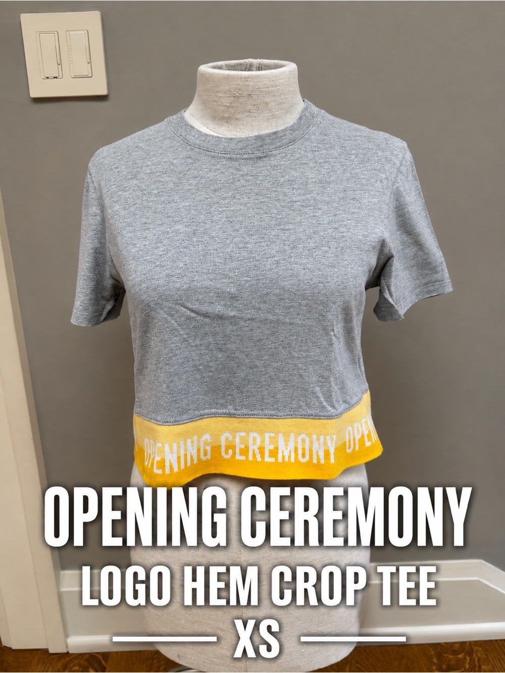Opening Ceremony XS Gray Crop Tee Yellow Logo Hem Short Sleeve Cotton Top